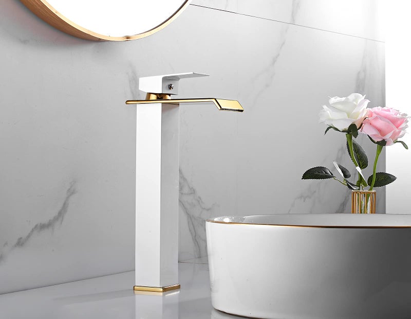 YCCUZA Bathroom Vessel Sink Faucet White Gold Waterfall Single Handle One Hole Bowl Sink Faucet Vanity Lavatory Faucets Tall Bath Deck Mount Basin Tap Supply Lines Hose Commercial - Image 3